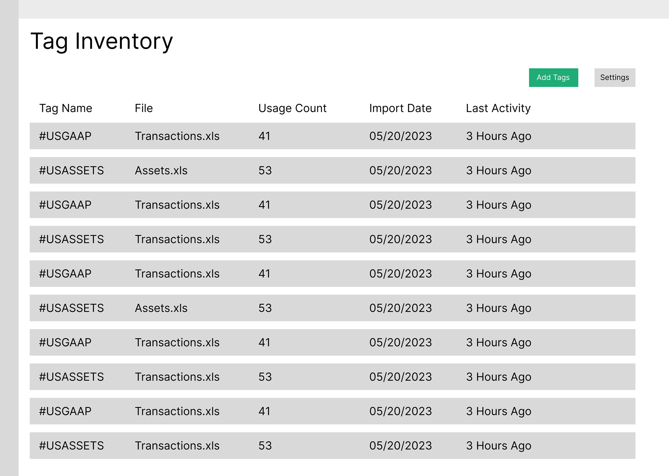 Tag inventory view wireframe